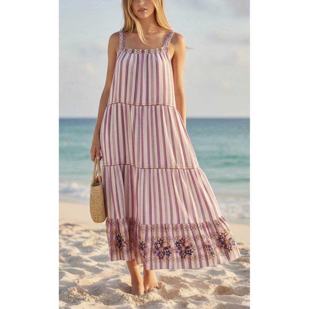 Sundance Veria Midi Dress XL Pink Striped Embroidered Boho Cottagecore Coastal
